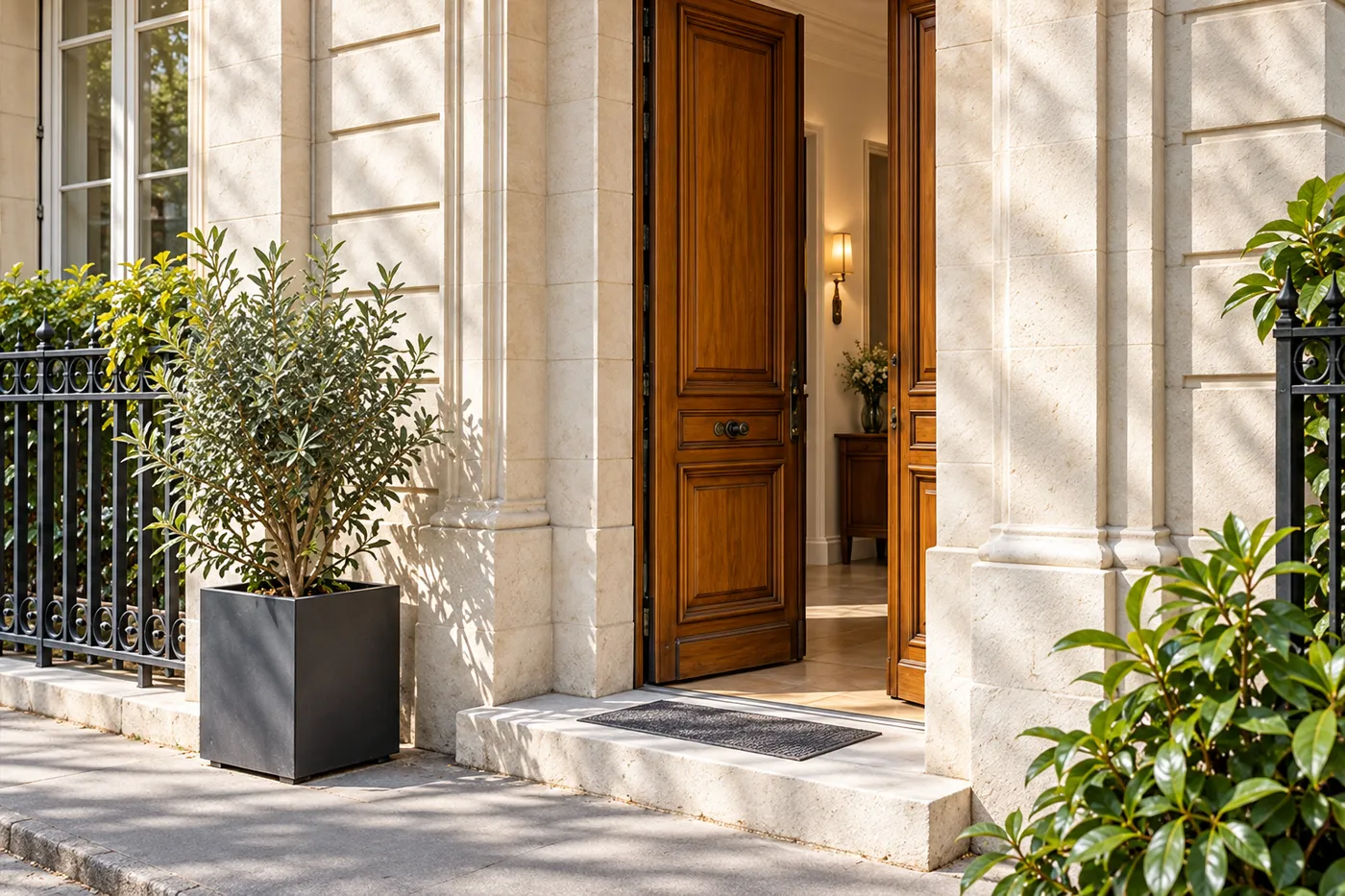 Entrée d'un immeuble en pierre claire à Suresnes, porte en bois verni entrouverte, grille en fer forgé et olivier en bac