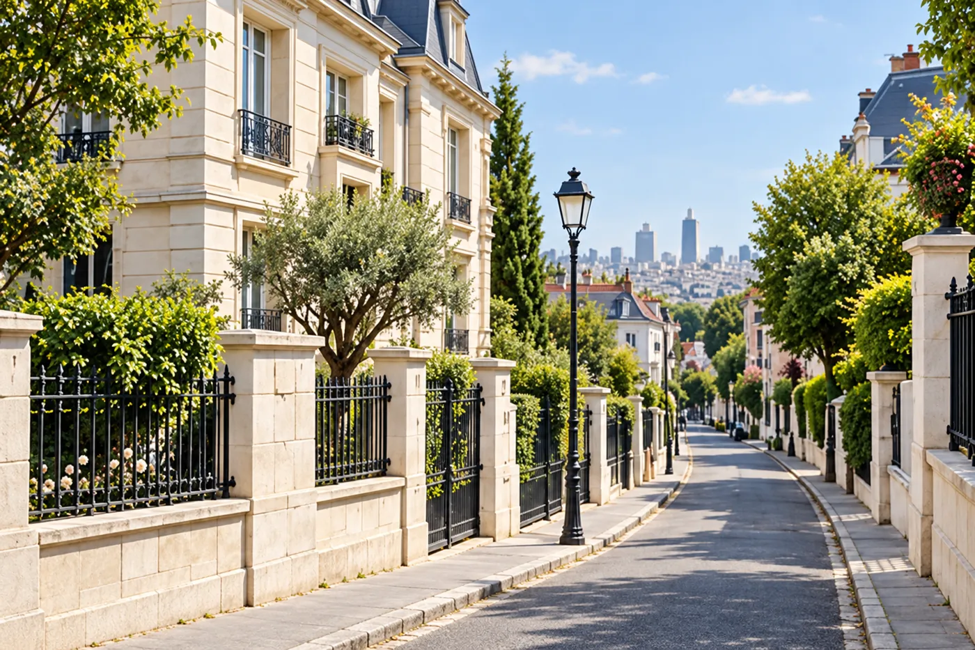 Rue résidentielle en pente sur les coteaux de Suresnes, maisons en pierre claire et grilles noires, Paris au loin